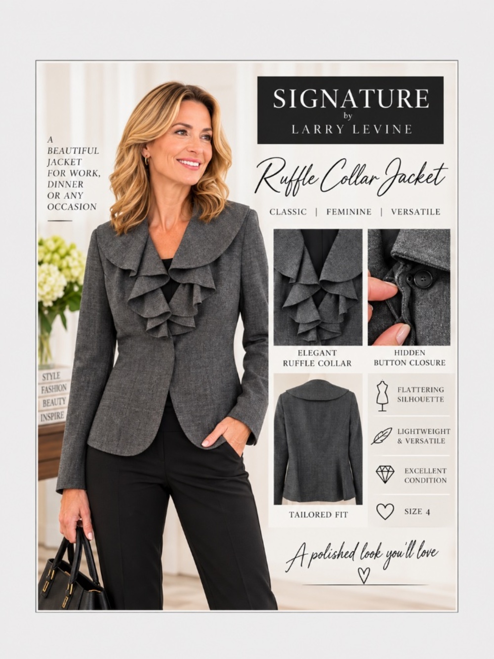 Signature by Larry Levine Gray Ruffle Collar Blazer Jacket Size 4